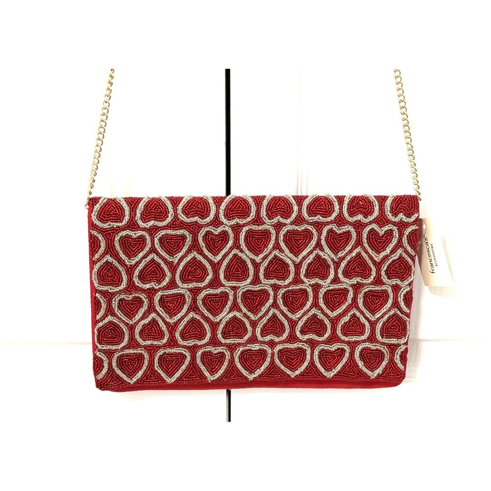 Francesca Red Beaded Heart Clutch Evening Bag Gold Chain Shoulder Strap NWT